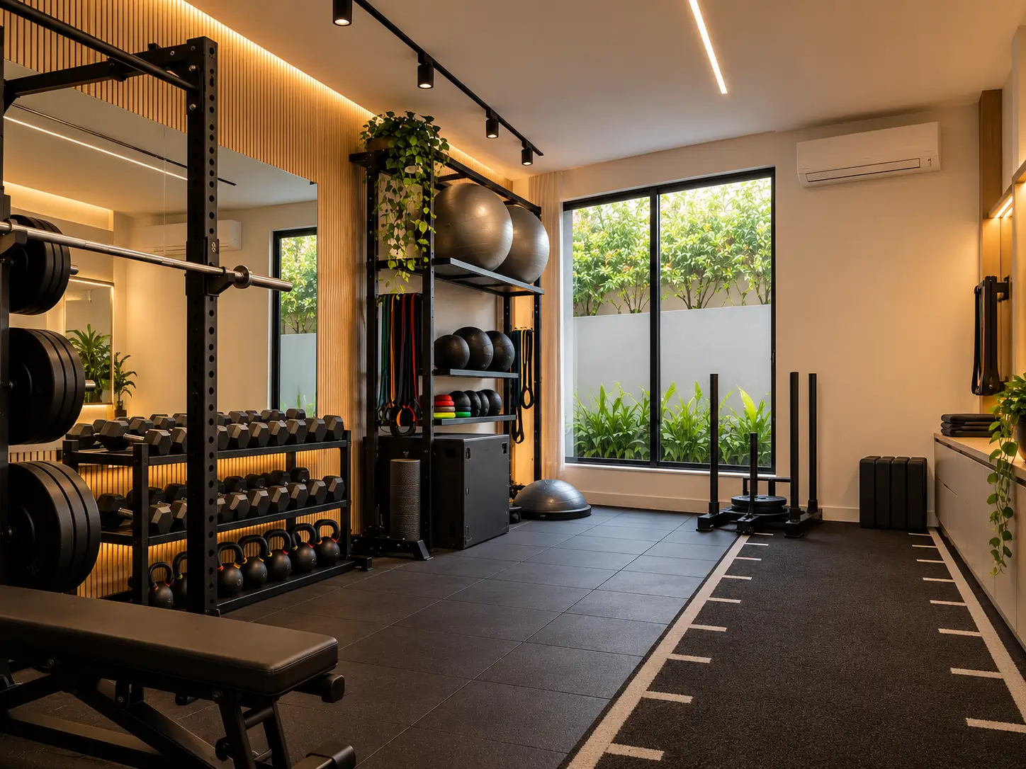 Ambiente de treino com equipamentos, iluminação quente e janela para área verde