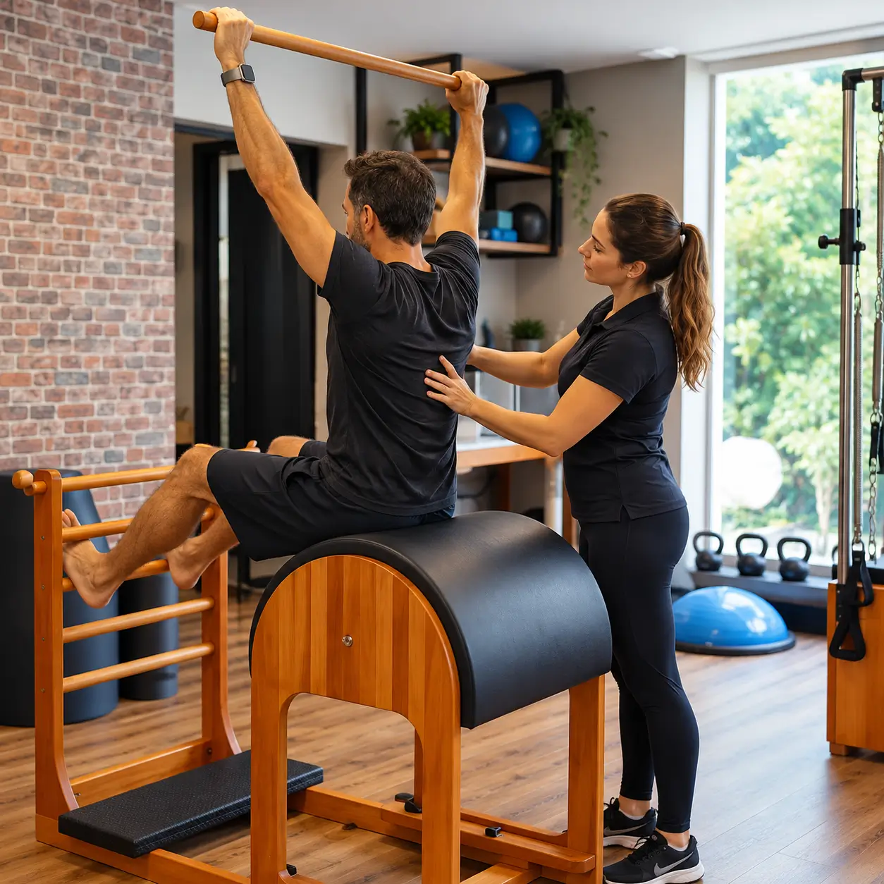 Profissional acompanhando um aluno em exercício no Ladder Barrel de Pilates