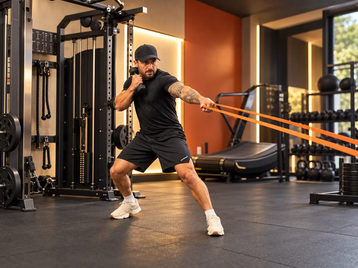 Atleta realizando exercício de força com elástico e halter